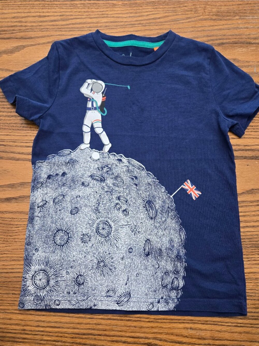 Mini Boden Astronaut Golf Moon T-Shirt - Size 6-7 - UK Flag - Boys Space Shirt.